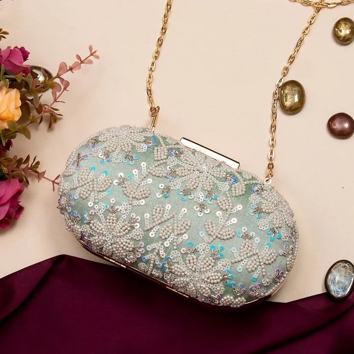 Mint Green Embroidered Clutch Bag for Women | Handmade Ethnic Party Purse | Indian Bridal & Festive Clutch