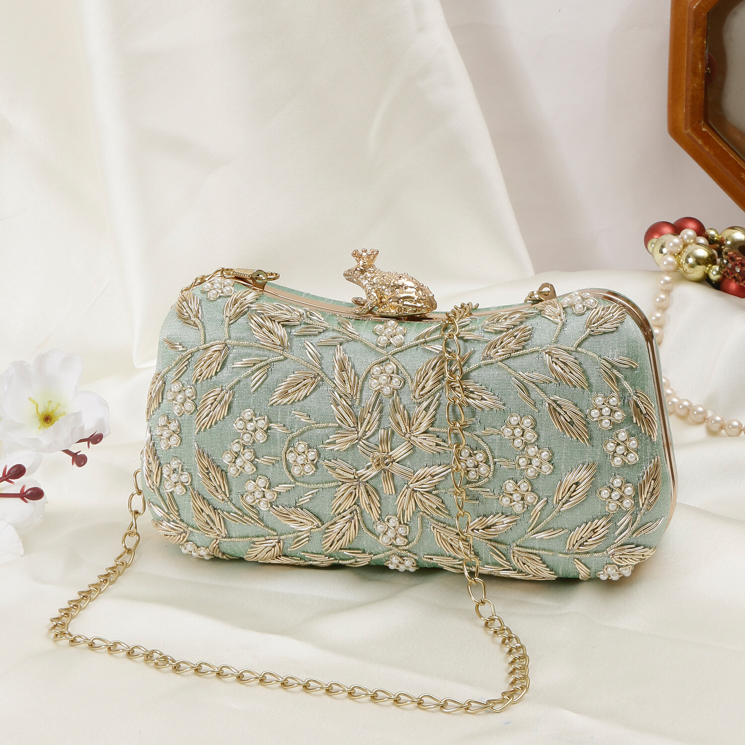 Golden Embroidered Clutch Bag for Women | Handmade Ethnic Party Purse | Indian Bridal & Festive Clutch - Image 2