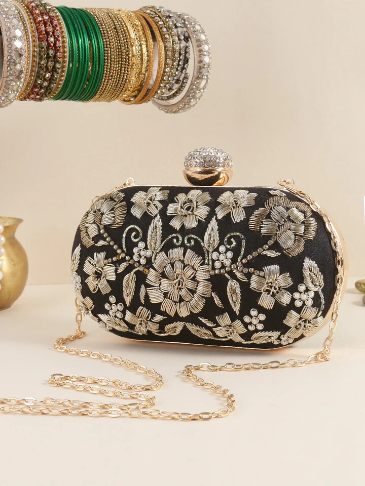 Black Embroidered Clutch Bag for Women | Handmade Ethnic Party Purse | Indian Bridal & Festive Clutch | Wedding Return Gift