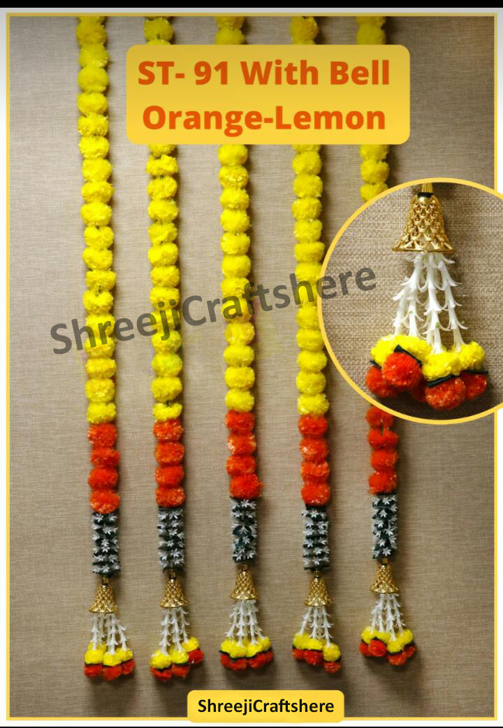 Marigold Strings with Bells | 5 Feet' Floral Decoration | Main Door, Wedding, Diwali, Puja, Home Decor - Image 2