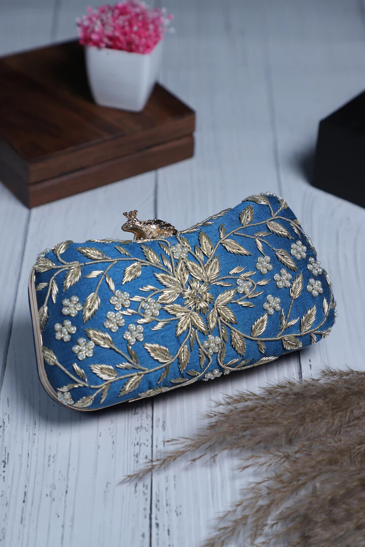 Blue Embroidered Clutch Bag for Women | Handmade Ethnic Party Purse | Indian Bridal & Festive Clutch