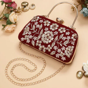 Maroon Embroidered Velvet Clutch Bag for Women | Handmade Ethnic Party Purse | Indian Bridal & Festive Clutch