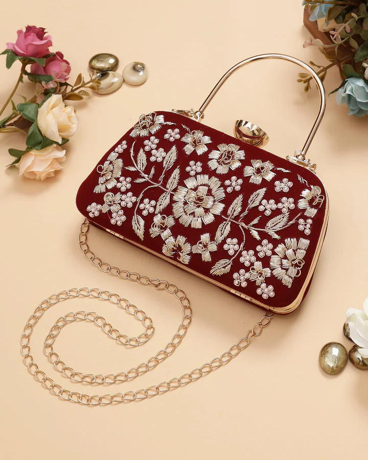 Maroon Embroidered Velvet Clutch Bag for Women | Handmade Ethnic Party Purse | Indian Bridal & Festive Clutch
