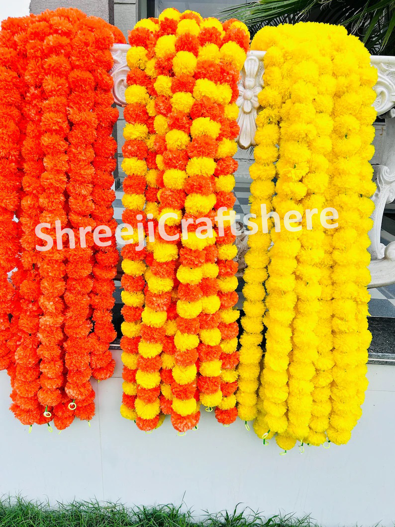 Artificial Marigold Garland | 4.5 Feet Flower Mala | Yellow, Red & Orange Floral Decoration | Wedding, Diwali, Puja, Home Decor - Image 3