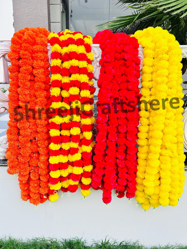 Artificial Marigold Garland | 4.5 Feet Flower Mala | Yellow, Red & Orange Floral Decoration | Wedding, Diwali, Puja, Home Decor