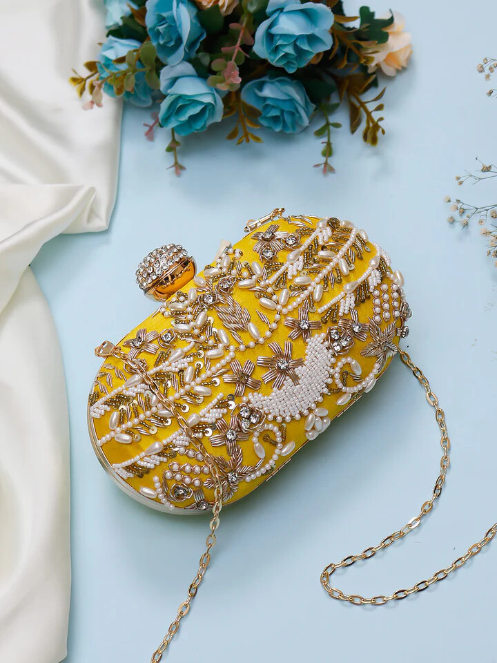Embroidered Clutch | Handmade Yellow Oval Clutch | Elegant Evening Bag | Minimalist Embroidered Purse
