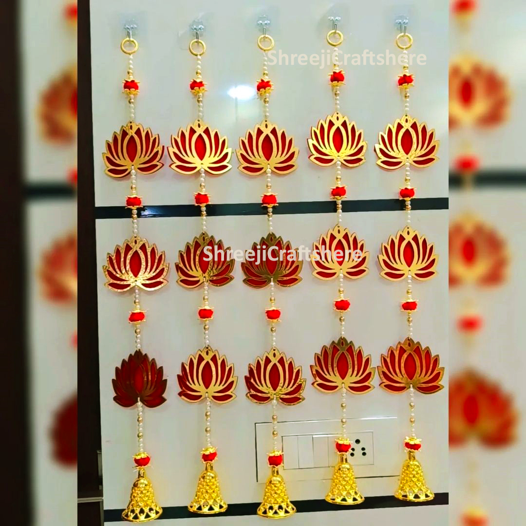 Lotus Wall Hangings with Bells | MDF Floral Decor | Handmade Lotus Hanging | Festive & Home Decoration - Image 3