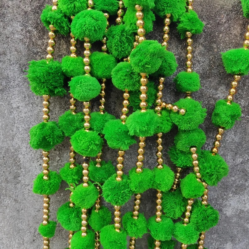 5 Feet' Pom Pom Decoration Strings with Bells | Handmade Colorful Hanging Garland | Indian Festive Decor | Wedding & Home Decoration - Image 5