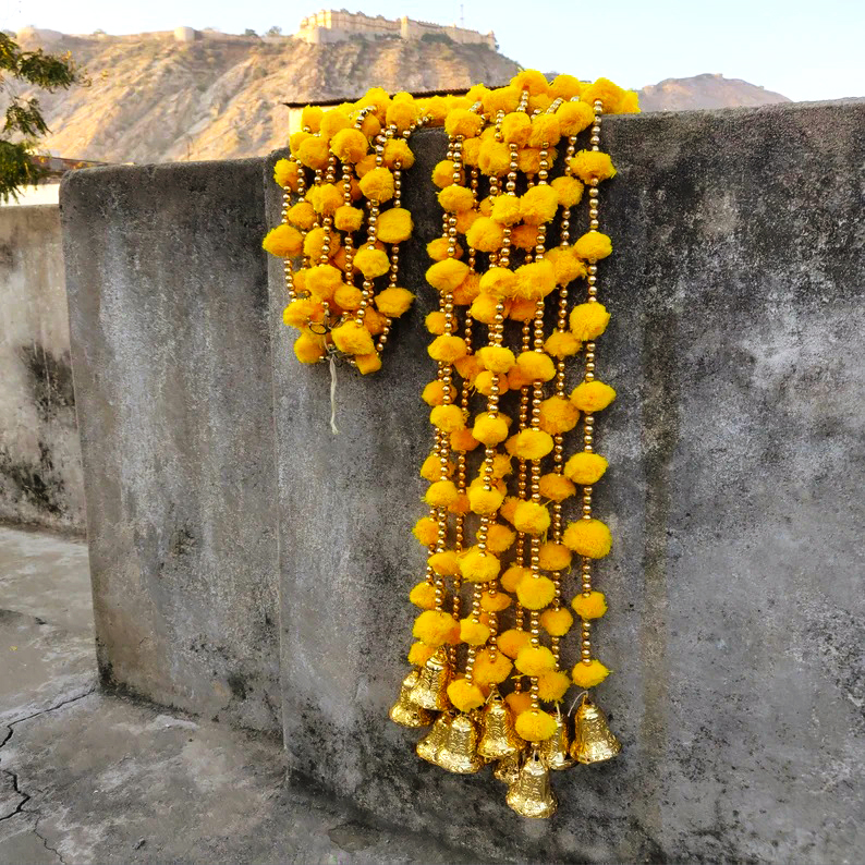 5 Feet' Pom Pom Decoration Strings with Bells | Handmade Colorful Hanging Garland | Indian Festive Decor | Wedding & Home Decoration - Image 4