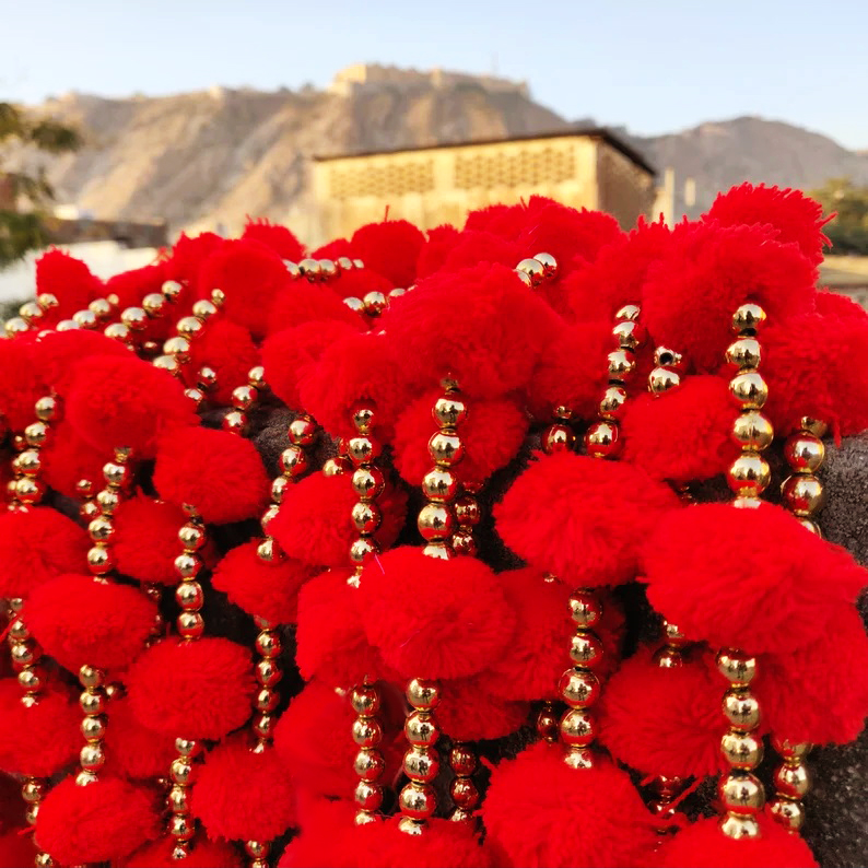 5 Feet' Pom Pom Decoration Strings with Bells | Handmade Colorful Hanging Garland | Indian Festive Decor | Wedding & Home Decoration - Image 3