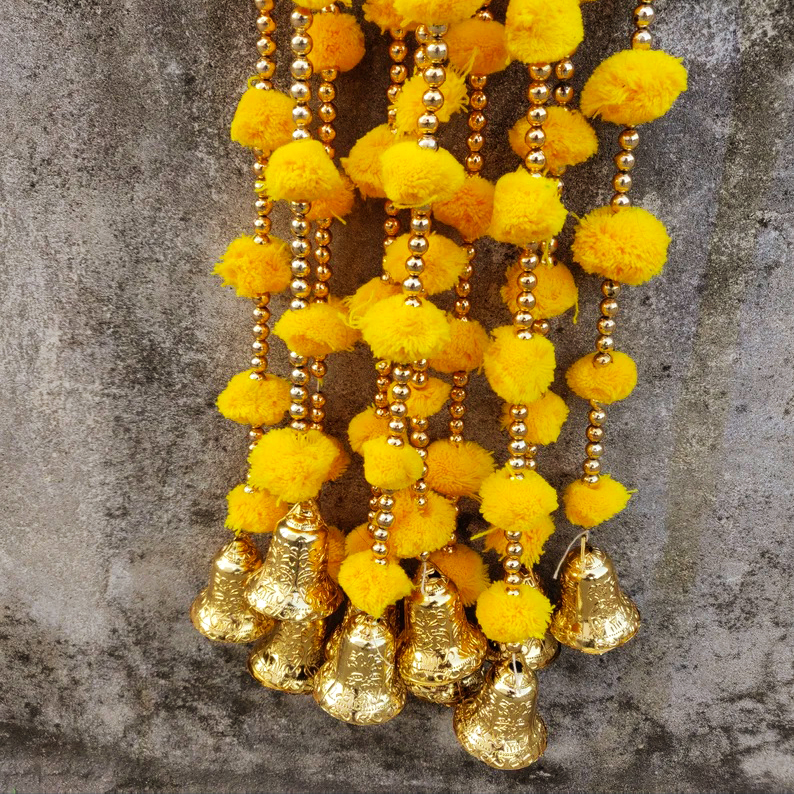 5 Feet' Pom Pom Decoration Strings with Bells | Handmade Colorful Hanging Garland | Indian Festive Decor | Wedding & Home Decoration - Image 2