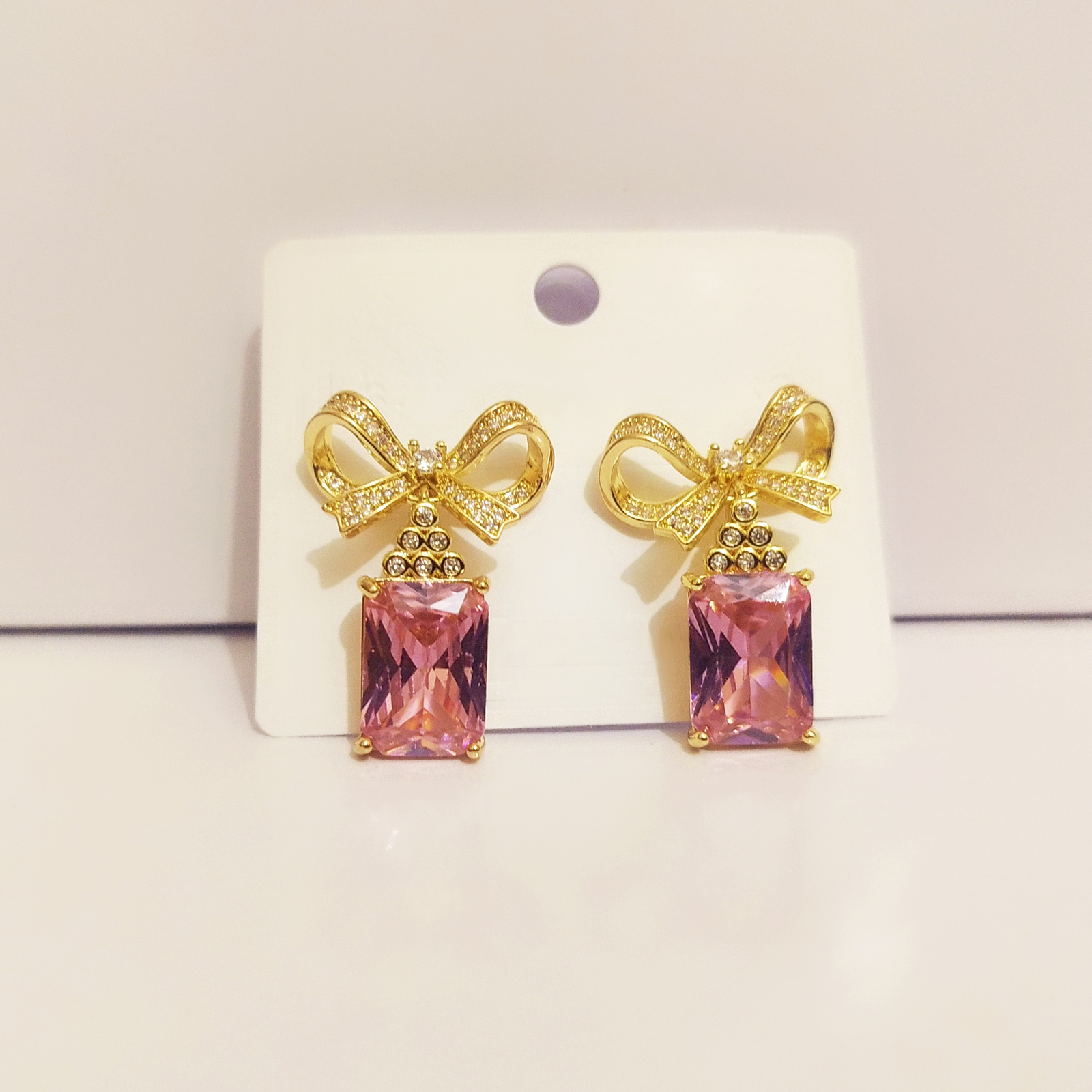 Sparkling Rhinestone Bow Earrings with Black Emerald-Cut Gemstone - Image 2