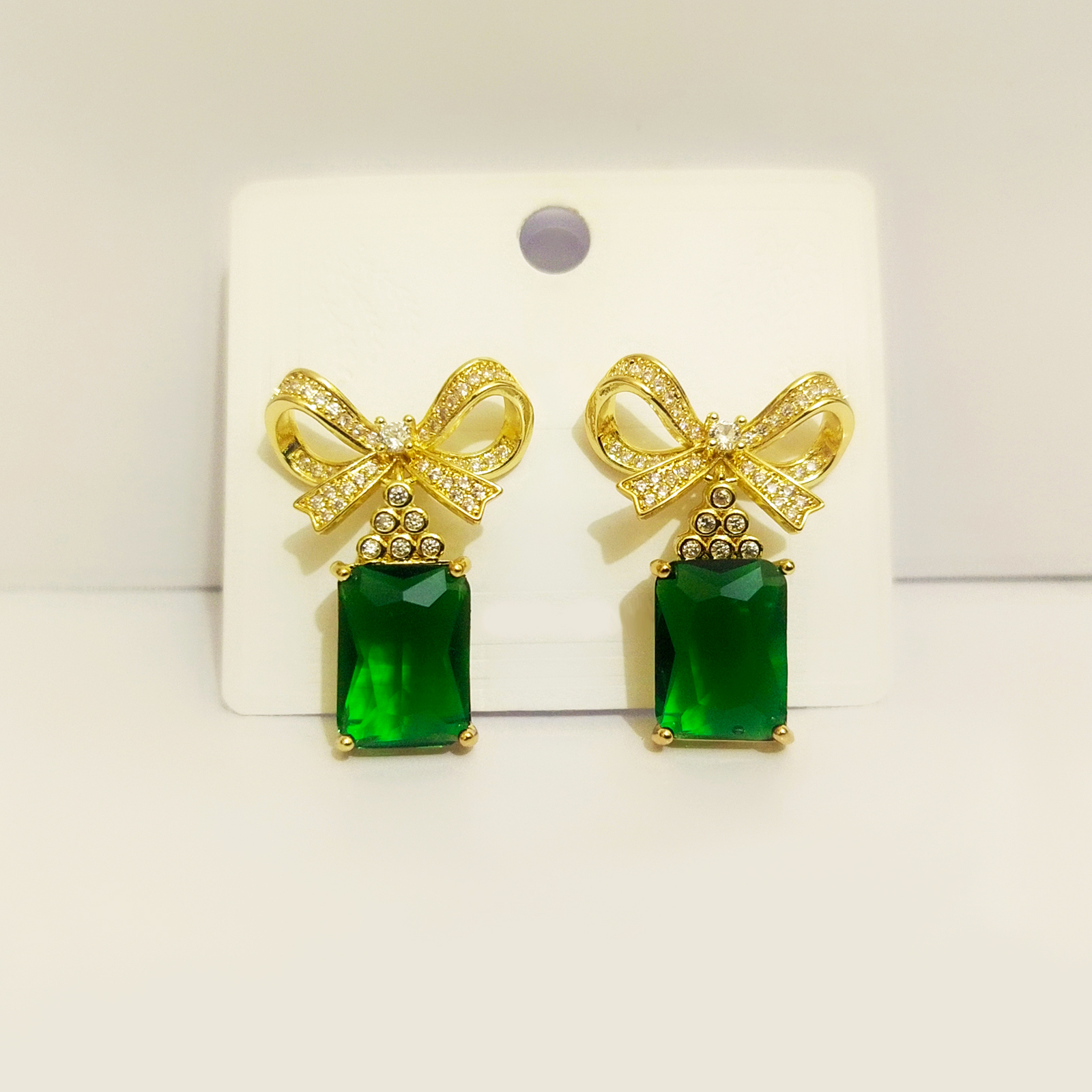 Sparkling Rhinestone Bow Earrings with Black Emerald-Cut Gemstone - Image 3