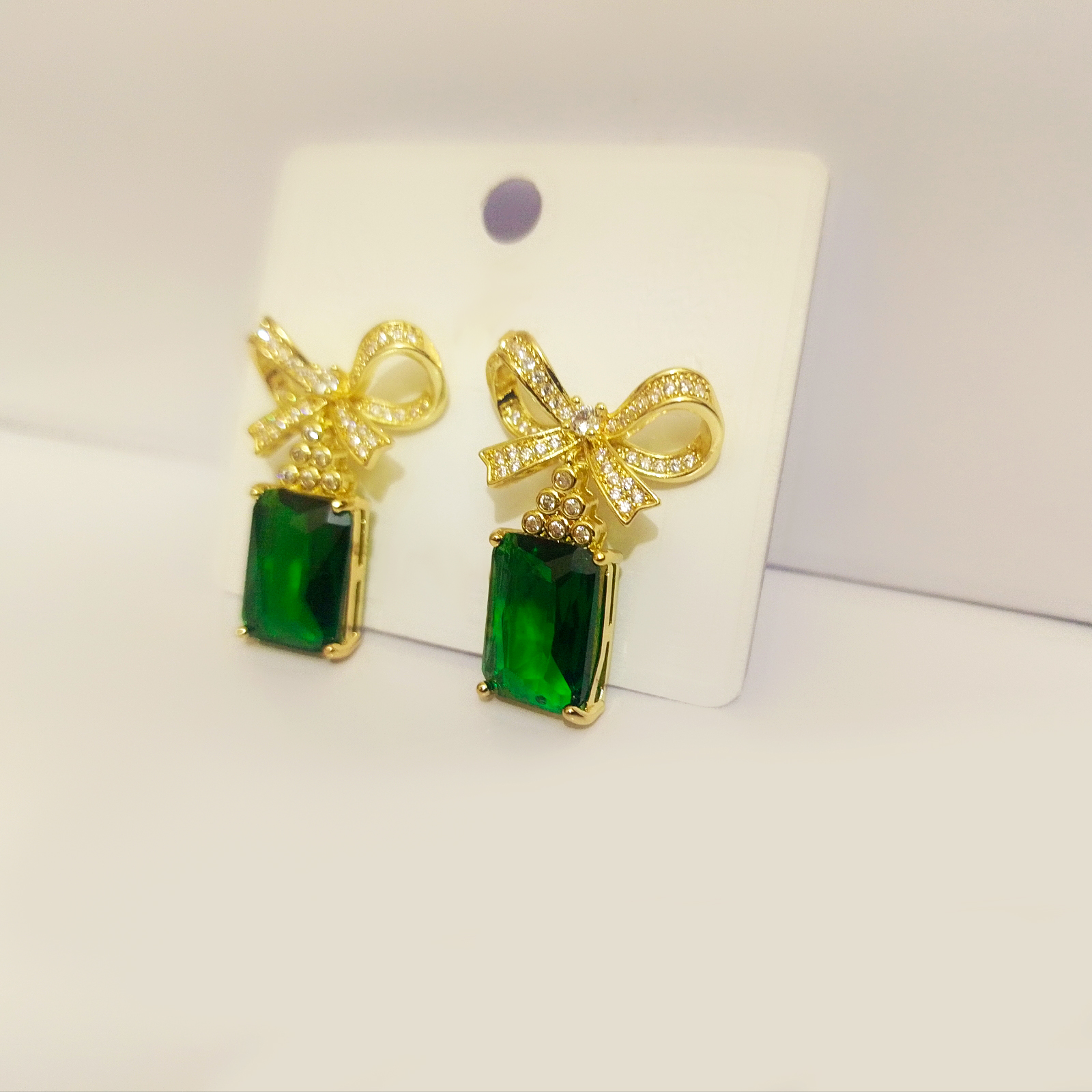 Sparkling Rhinestone Bow Earrings with Black Emerald-Cut Gemstone - Image 7
