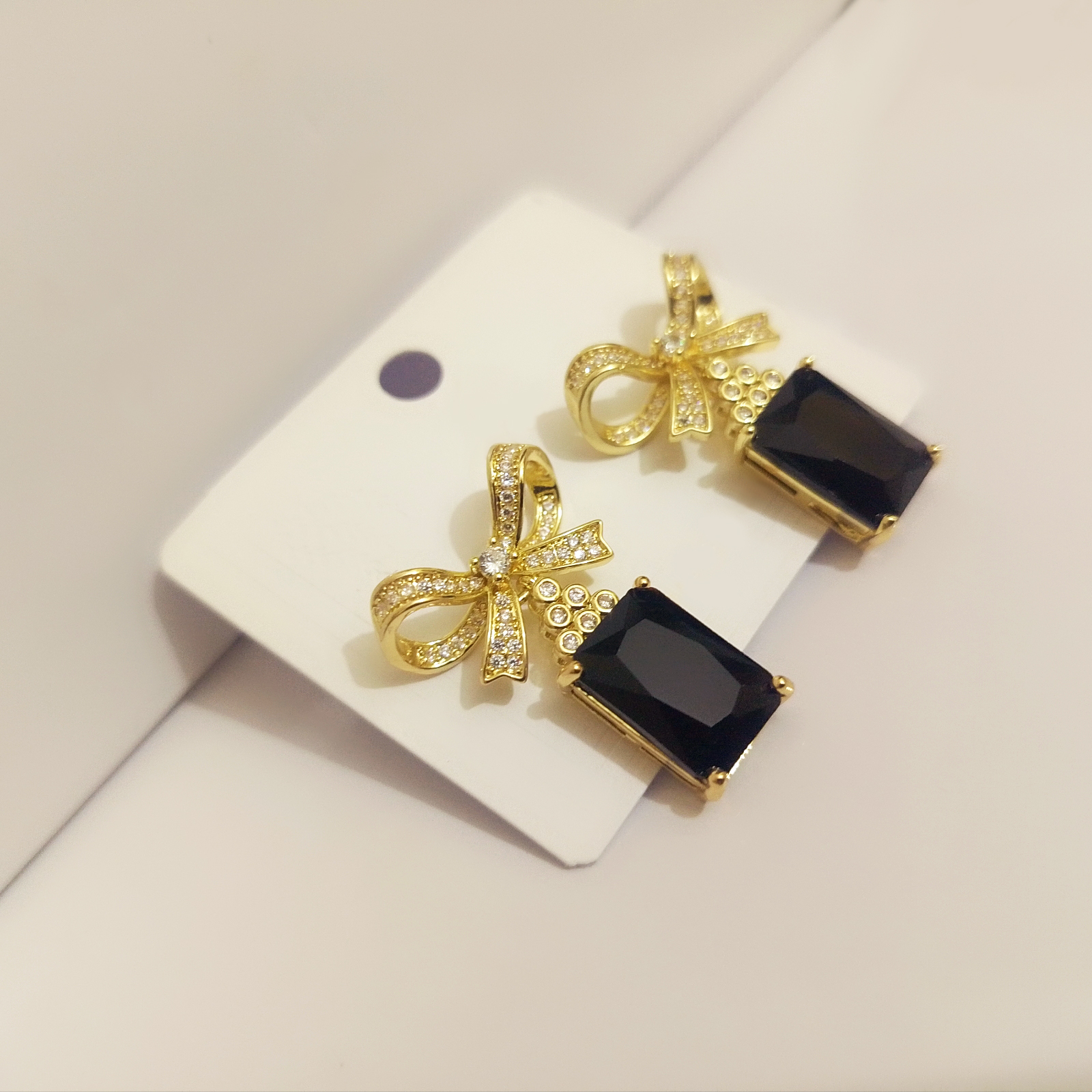 Sparkling Rhinestone Bow Earrings with Black Emerald-Cut Gemstone - Image 5