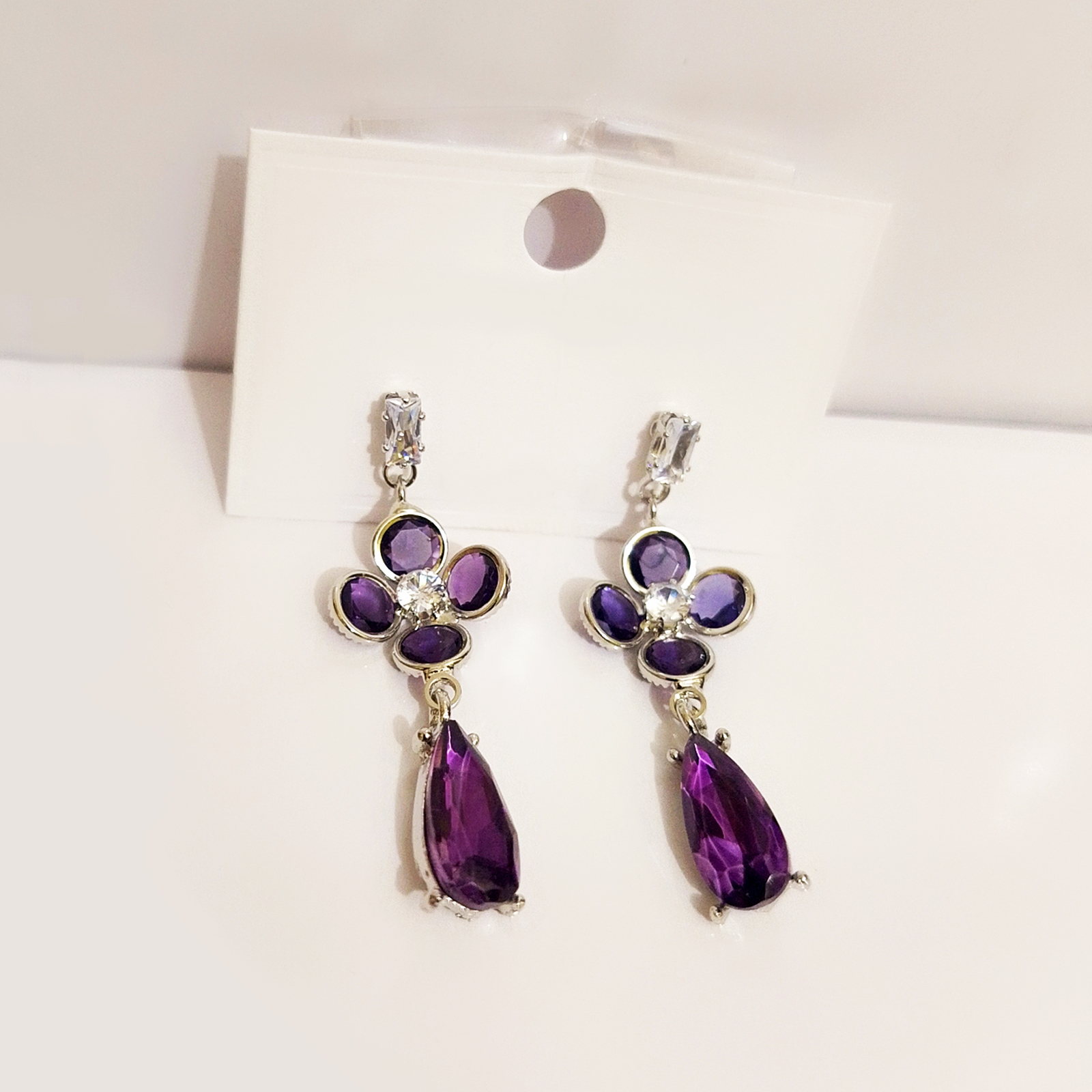 Amethyst Purple Floral Teardrop Earrings with Crystal Accents - Image 2