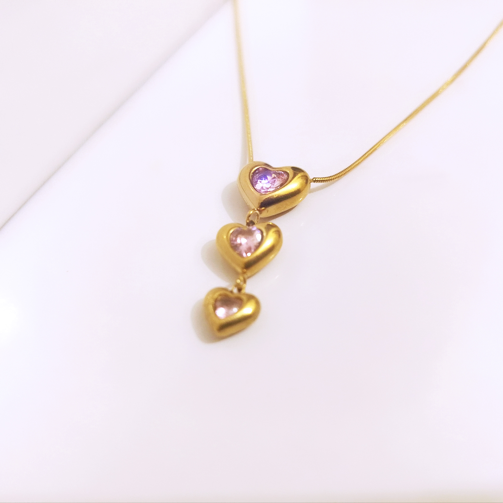 Triple Heart Drop Pendant Necklace with Pink Crystals (Gold-Tone) - Image 3